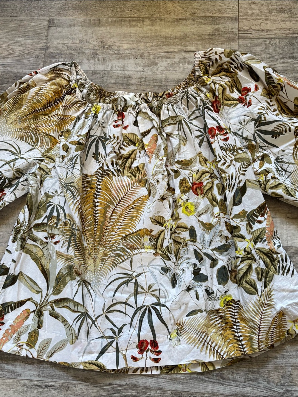 H&M White Off-Shoulder Botanical Print Tunic with Olive and Tan